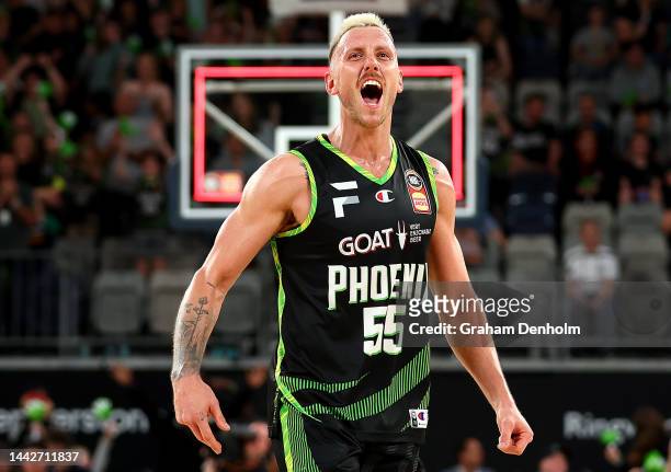 Mitchell Creek of the Phoenix celebrates winning the round seven NBL match between South East Melbourne Phoenix and Melbourne United at John Cain...