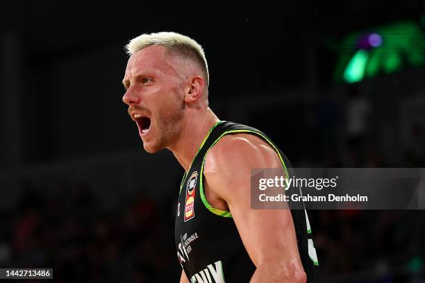 Mitchell Creek of the Phoenix reacts during the round seven NBL match between South East Melbourne Phoenix and Melbourne United at John Cain Arena,...