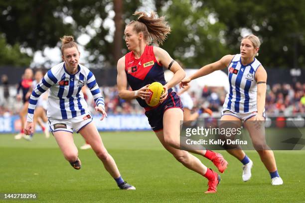 Eden Zanker of the Demons runs with the ball during the AFLW Preliminary Final match between the Melbourne Demons and the North Melbourne Kangaroos...