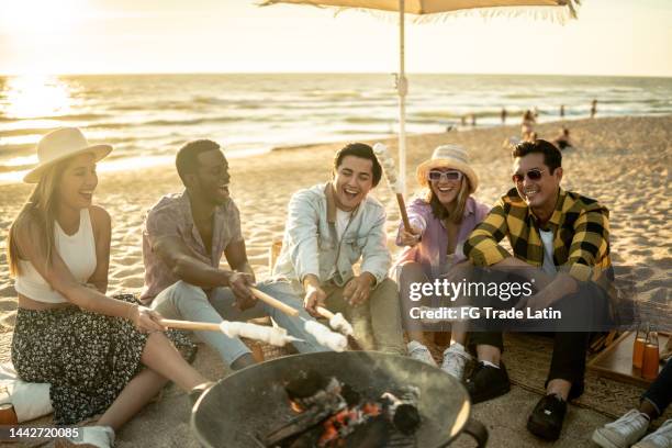 amigos haciendo un picnic brindando malvaviscos en la playa - mexican picnic fotografías e imágenes de stock