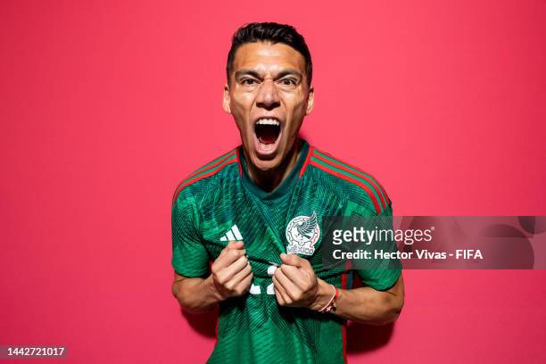 Hector Moreno of Mexico poses during the official FIFA World Cup Qatar 2022 portrait session on November 18, 2022 in Doha, Qatar.