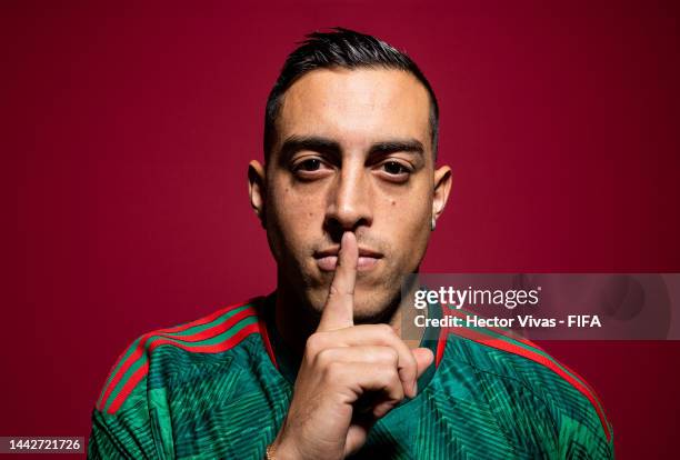 Rogelio Funes Mori of Mexico poses during the official FIFA World Cup Qatar 2022 portrait session on November 18, 2022 in Doha, Qatar.
