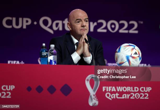 President, Gianni Infantino Speaks Ahead of Opening Match of the FIFA World Cup Qatar 2022 at a press conference on November 19, 2022 in Doha, Qatar.