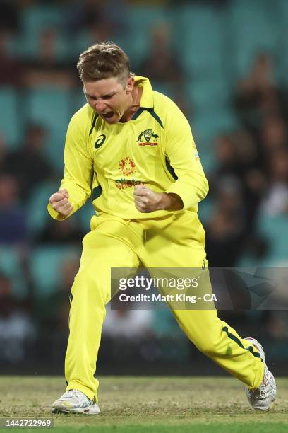 Adam Zampa of Australia celebrates taking the wicket of Sam Billings of England during Game 2 of the One Day International series between Australia...