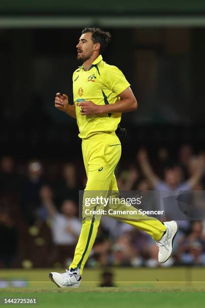 Mitchell Starc of Australia reacts after dismissing Chris Woakes of England during Game 2 of the One Day International series between Australia and...