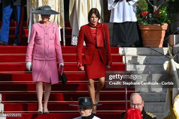 Princess Caroline of Hanover and Princess Stephanie of Monaco leave the mass at the Cathedral of Monaco during the Monaco National Day on November...