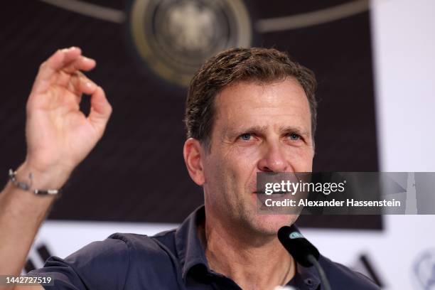 Oliver Bierhoff, team manager of Germany talks to the media during a Germany press conference at DFB Media Centre on November 19, 2022 in Al Ruwais,...