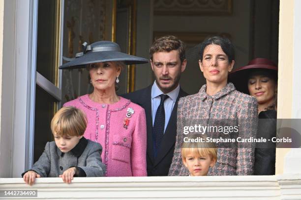 Princess Charlene of Monaco, Pierre Casiraghi, Charlotte Casiraghi, Francesco Casiraghi and Stefano Casiraghi appear at the Palace balcony during the...