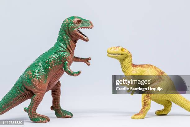 close-up of tyrannosaurus and eoraptor fighting - intimidation stock pictures, royalty-free photos & images