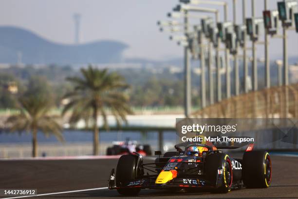 Sergio Perez of Mexico driving the Oracle Red Bull Racing RB18 on track during final practice ahead of the F1 Grand Prix of Abu Dhabi at Yas Marina...