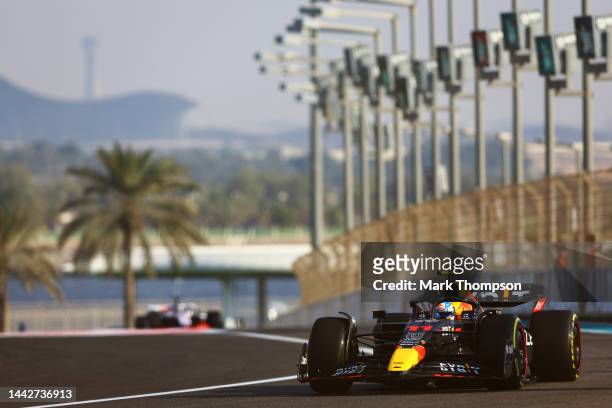 Sergio Perez of Mexico driving the Oracle Red Bull Racing RB18 on track during final practice ahead of the F1 Grand Prix of Abu Dhabi at Yas Marina...