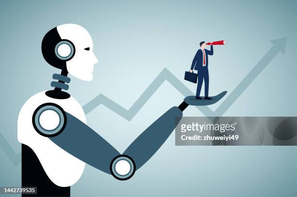 ilustraciones, imágenes clip art, dibujos animados e iconos de stock de la inteligencia artificial ayuda al empresario a hacer estrategias y pronósticos. - economy