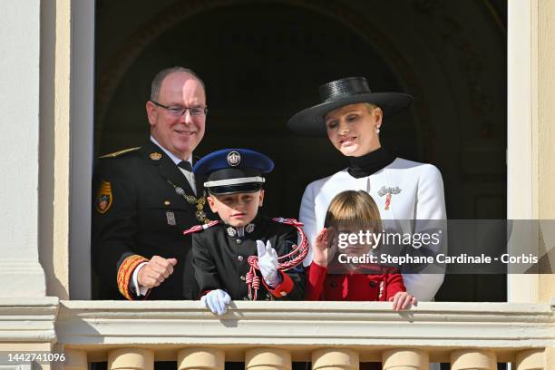 Princess Charlene of Monaco, Prince Albert II of Monaco with his children Prince Jacques of Monaco and Princess Gabriella of Monaco appear at the...