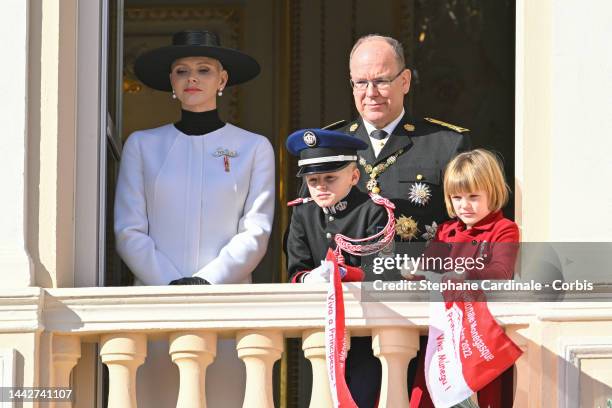 Princess Charlene of Monaco, Prince Albert II of Monaco with his children Prince Jacques of Monaco and Princess Gabriella of Monaco appear at the...