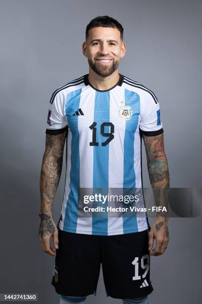 Nicolas Otamendi of Argentina poses during the official FIFA World Cup Qatar 2022 portrait session on November 19, 2022 in Doha, Qatar.