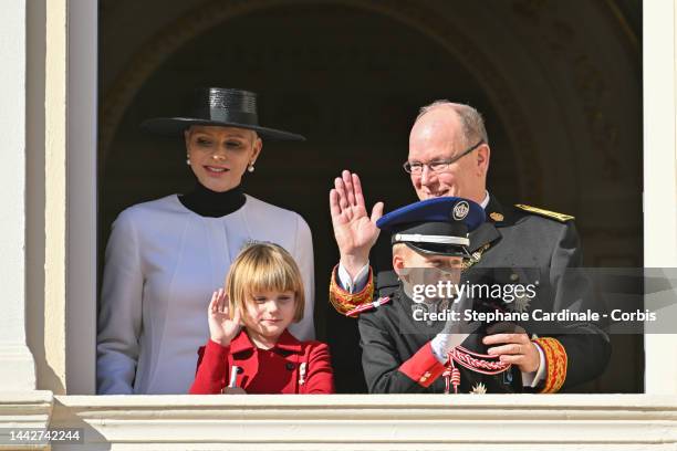 Princess Charlene of Monaco, Prince Albert II of Monaco with his children Prince Jacques of Monaco and Princess Gabriella of Monaco appear at the...