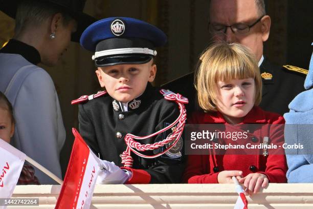 Prince Jacques of Monaco and Princess Gabriella of Monaco appear at the Palace balcony during the Monaco National Day on November 19, 2022 in...