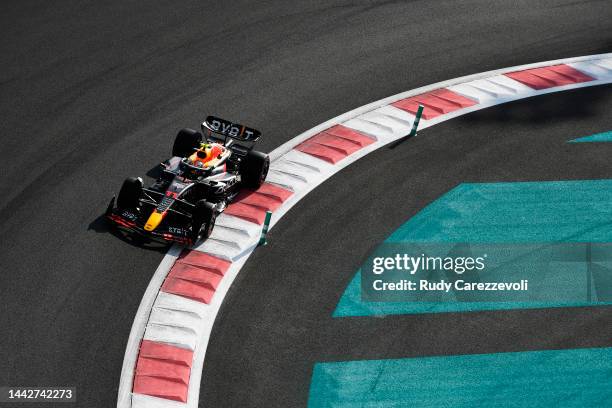 Sergio Perez of Mexico driving the Oracle Red Bull Racing RB18 on track during final practice ahead of the F1 Grand Prix of Abu Dhabi at Yas Marina...