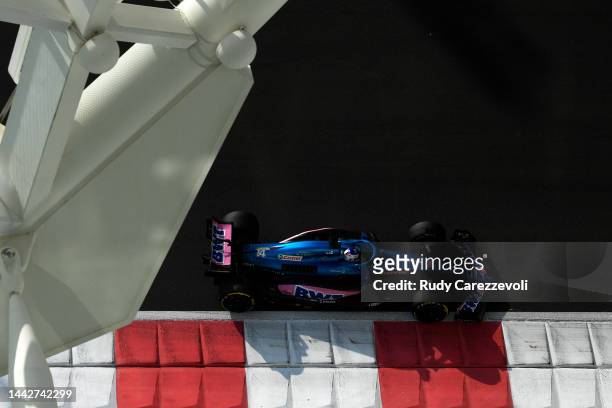 Fernando Alonso of Spain driving the Alpine F1 A522 Renault on track during final practice ahead of the F1 Grand Prix of Abu Dhabi at Yas Marina...