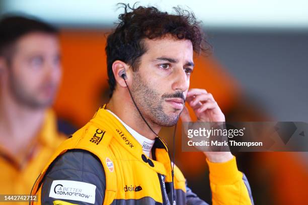 Daniel Ricciardo of Australia and McLaren prepares to drive in the garage during final practice ahead of the F1 Grand Prix of Abu Dhabi at Yas Marina...