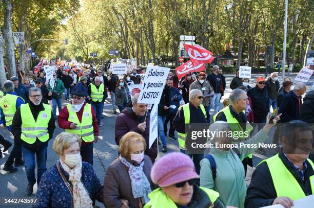 View of a group of people at a demonstration to demand an improvement in pensions and wages in line with the real CPI, on 19 November, 2022 in...