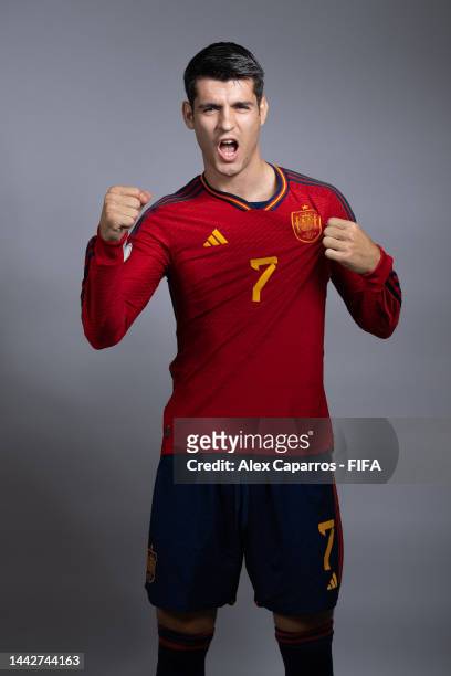 Alvaro Morata of Spain poses during the official FIFA World Cup Qatar 2022 portrait session on November 18, 2022 in Doha, Qatar.