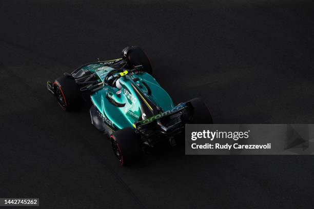 Sebastian Vettel of Germany driving the Aston Martin AMR22 Mercedes on track during final practice ahead of the F1 Grand Prix of Abu Dhabi at Yas...