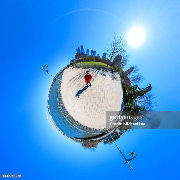 tiny planet view of hudson river waterfront and midtown manhattan - new york spring spectacular stock-fotos und bilder