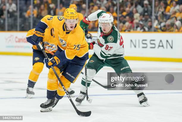 Juuso Parssinen of the Nashville Predators skates against the Minnesota Wild during an NHL game at Bridgestone Arena on November 15, 2022 in...