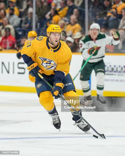 Mark Jankowski of the Nashville Predators skates against the Minnesota Wild during an NHL game at Bridgestone Arena on November 15, 2022 in...