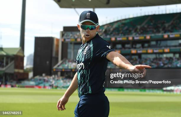 Sam Curran of England points during Game 2 of the One Day International series between Australia and England at Sydney Cricket Ground on November 19,...