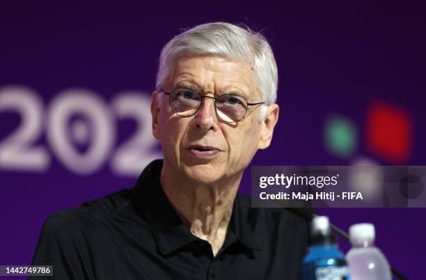 S Chief of Global Football Development Arsene Wenger attends the Technical Study Group Press Conference at Virtual Stadium 1 on November 19, 2022 in...