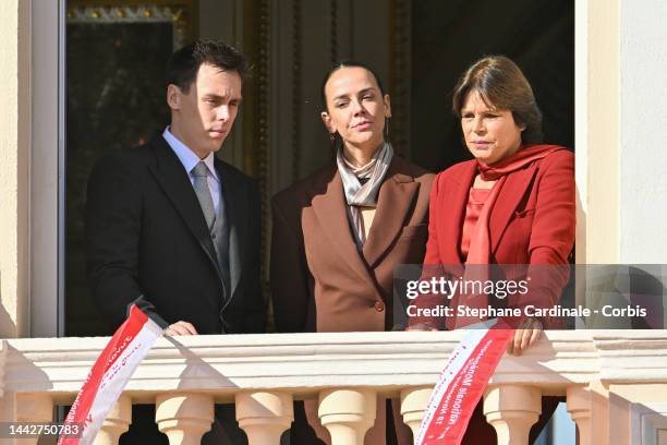 Louis Ducruet, Pauline Ducruet and Princess Stephanie of Monaco appear at the Palace balcony during the Monaco National Day on November 19, 2022 in...