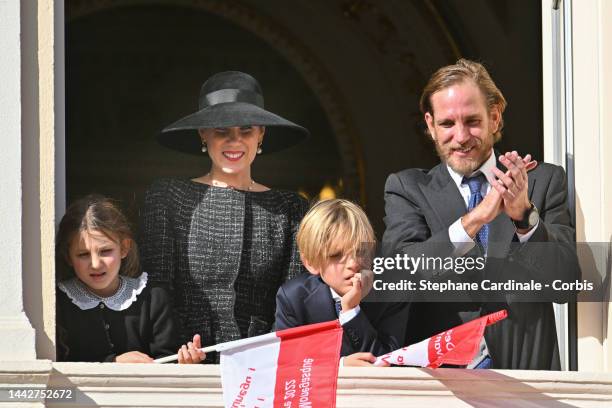 India Casiraghi, Tatiana Santo Domingo, Sacha Casiraghi and Andrea Casiraghi appear at the Palace balcony during the Monaco National Day on November...