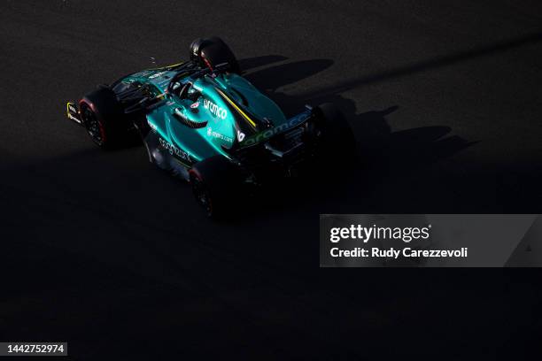 Lance Stroll of Canada driving the Aston Martin AMR22 Mercedes on track during final practice ahead of the F1 Grand Prix of Abu Dhabi at Yas Marina...