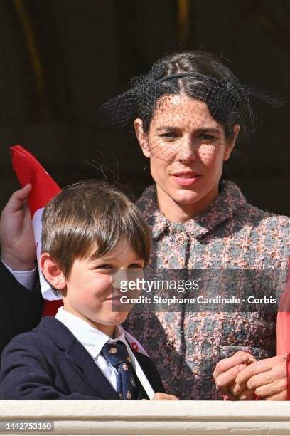 Raphael Elmaleh and Charlotte Casiraghi appear at the Palace balcony during the Monaco National Day on November 19, 2022 in Monte-Carlo, Monaco.