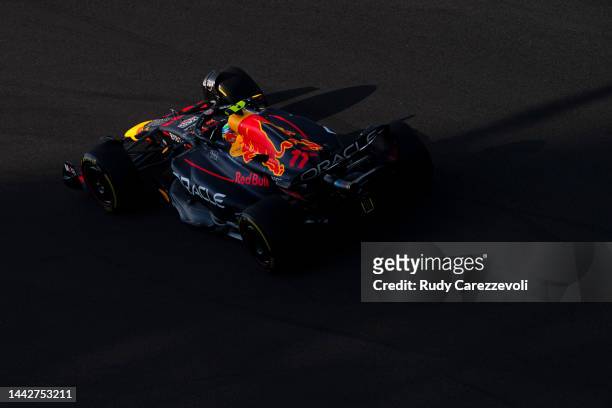 Sergio Perez of Mexico driving the Oracle Red Bull Racing RB18 on track during final practice ahead of the F1 Grand Prix of Abu Dhabi at Yas Marina...
