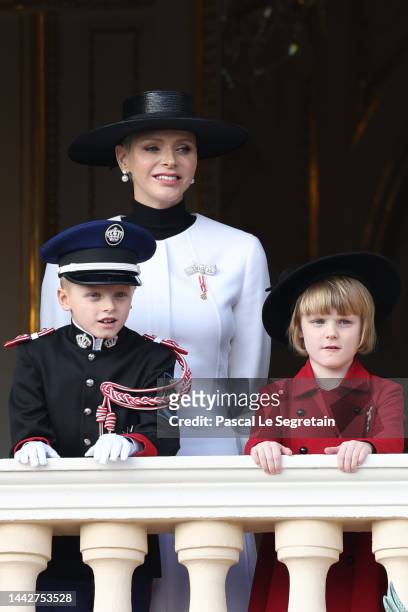 Princess Charlene of Monaco, Prince Jacques of Monaco and Princess Gabriella of Monaco attend the Monaco National Day on November 19, 2022 in...