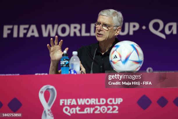 S Chief of Global Football Development Arsene Wenger attends the Technical Study Group Press Conference at Virtual Stadium 1 on November 19, 2022 in...