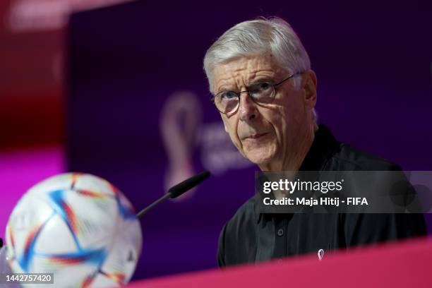 S Chief of Global Football Development Arsene Wenger attends the Technical Study Group Press Conference at Virtual Stadium 1 on November 19, 2022 in...