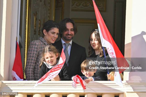 Charlotte Casiraghi, Dimitri Rassam, India Casiraghi, Balthazar Rassam and Princess Alexandra of Hanover appear at the Palace balcony during the...