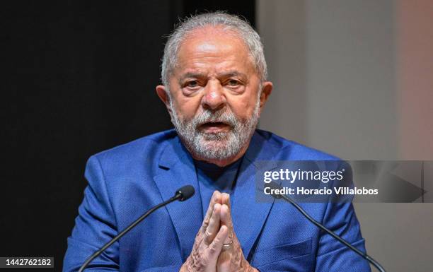 Brazilian President-Elect Luiz Inácio Lula da Silva gestures while delivering remarks to members of organizations in the Brazilian community that...