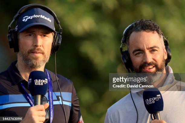 Robbie Greenfield of England working as an on course commentator with Zane Scotland of England for Dubai Eye Radio during the third round on Day...