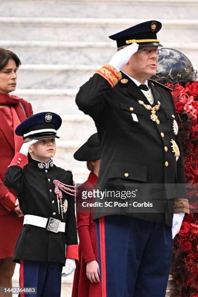 Prince Jacques of Monaco and Prince Albert II of Monaco attend the Monaco National day celebrations in the courtyard of the Monaco palace on November...