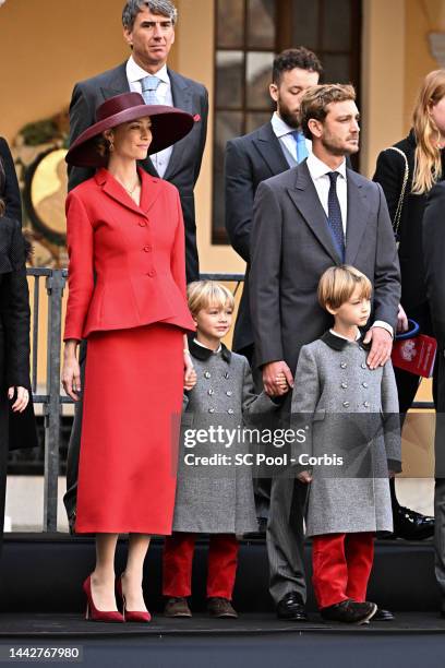 Beatrice Borromeo, Pierre Casiraghi, Francesco Casiraghi and Stefano Casiraghi attend the Monaco National Day on November 19, 2022 in Monte-Carlo,...