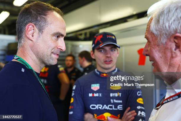 Red Bull Racing Team Consultant Dr Helmut Marko talks with Oliver Mintzlaff, Red Bull Head of Sports and Max Verstappen of the Netherlands and Oracle...