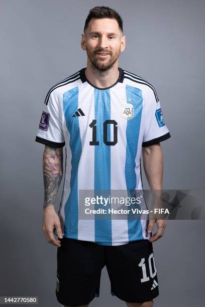 Lionel Messi of Argentina poses during the official FIFA World Cup Qatar 2022 portrait session on November 19, 2022 in Doha, Qatar.