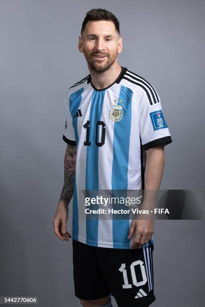 Lionel Messi of Argentina poses during the official FIFA World Cup Qatar 2022 portrait session on November 19, 2022 in Doha, Qatar.