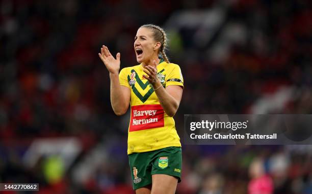 Ali Brigginshaw of Australia reacts during the Women's Rugby League World Cup Final match between Australia and New Zealand at Old Trafford on...