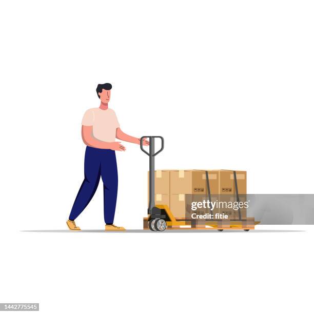 hand pallet truck with cardboard boxes,storage, sorting and shipping. storage equipment. loaders move pallets with boxes in piles using hand pallet trucks - 箱 幅插畫檔、美工圖案、卡通及圖標